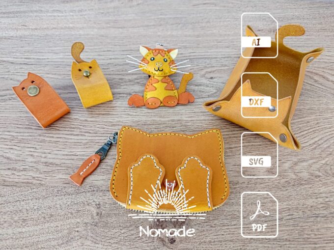 猫をテーマにしたパターンパック - 4 つのプロジェクト - 小銭入れ - バッグチャーム - トレイ - ケーブルオーガナイザー